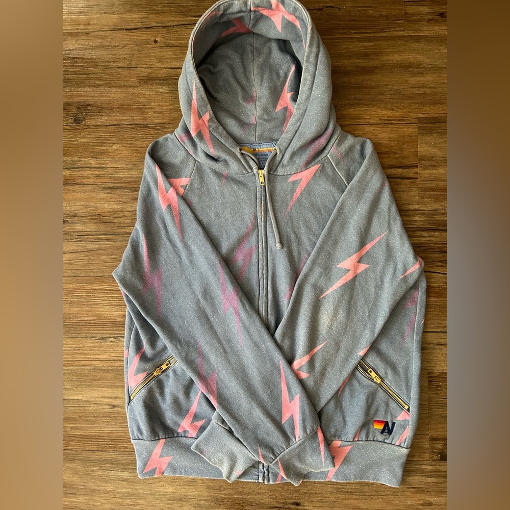 Aviator Nation Bolt Repeat Hoodie Washed Blue and Pink Zip Medium #4